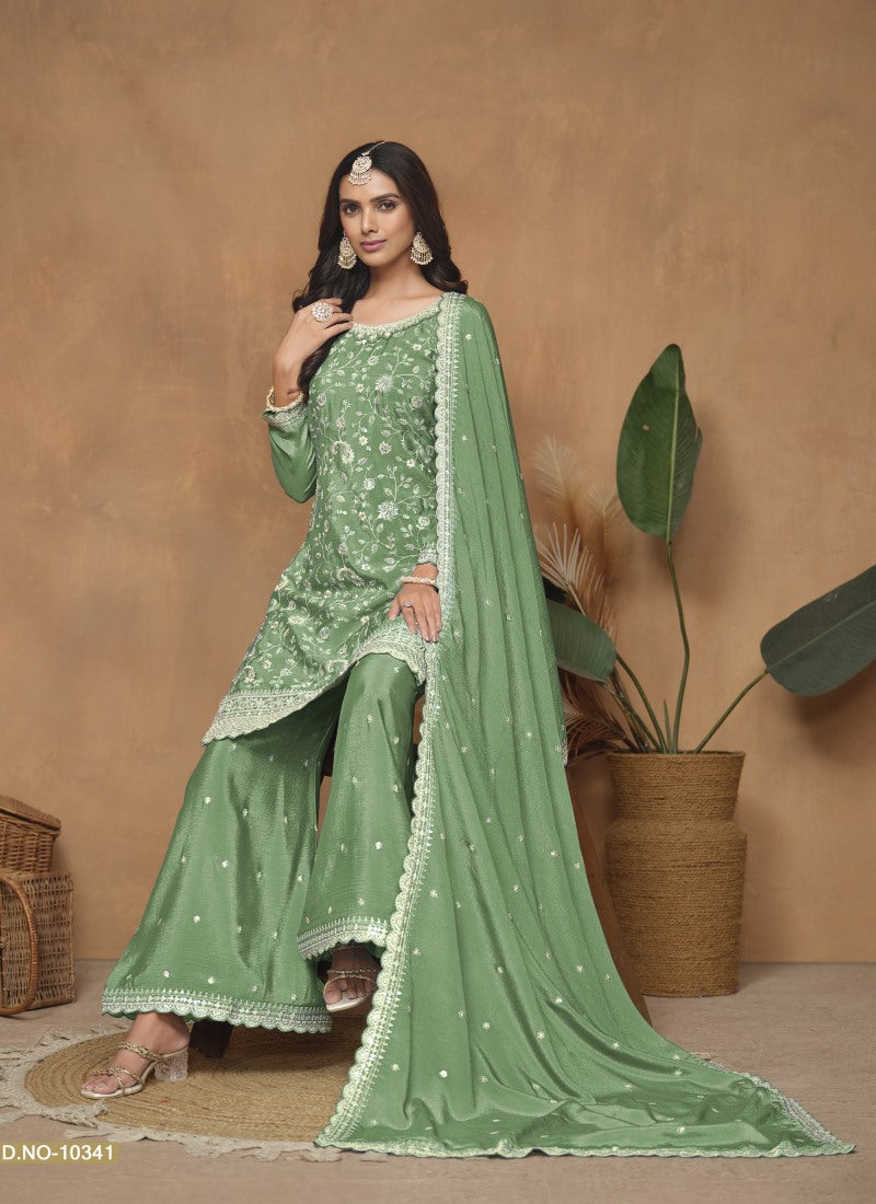 Green Wide Palazzo Suit With Embroidery Work