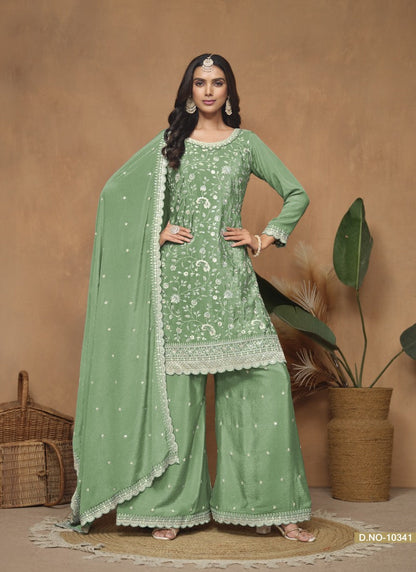 Green Wide Palazzo Suit With Embroidery Work