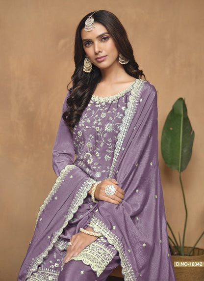 Purple Wide Palazzo Suit With Embroidery Work