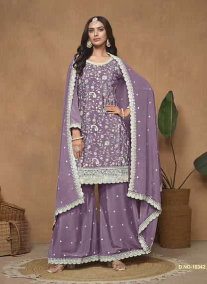 Purple Wide Palazzo Suit With Embroidery Work