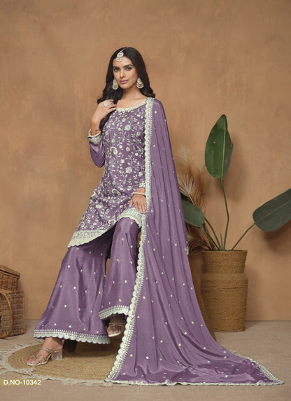 Purple Wide Palazzo Suit With Embroidery Work