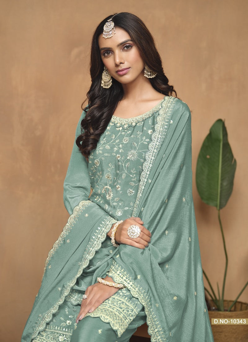 Sea Green Wide Palazzo Suit With Embroidery Work