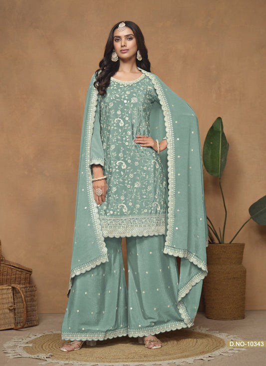 Sea Green Wide Palazzo Suit With Embroidery Work