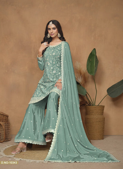 Sea Green Wide Palazzo Suit With Embroidery Work