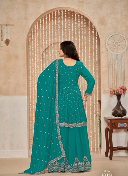 Sea Green Palazzo Salwar Suit With Embroidery Work