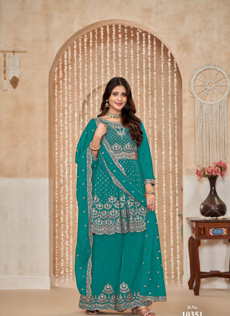 Sea Green Palazzo Salwar Suit With Embroidery Work