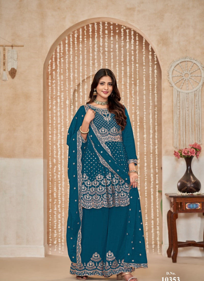 Blue Palazzo Salwar Suit With Embroidery Work