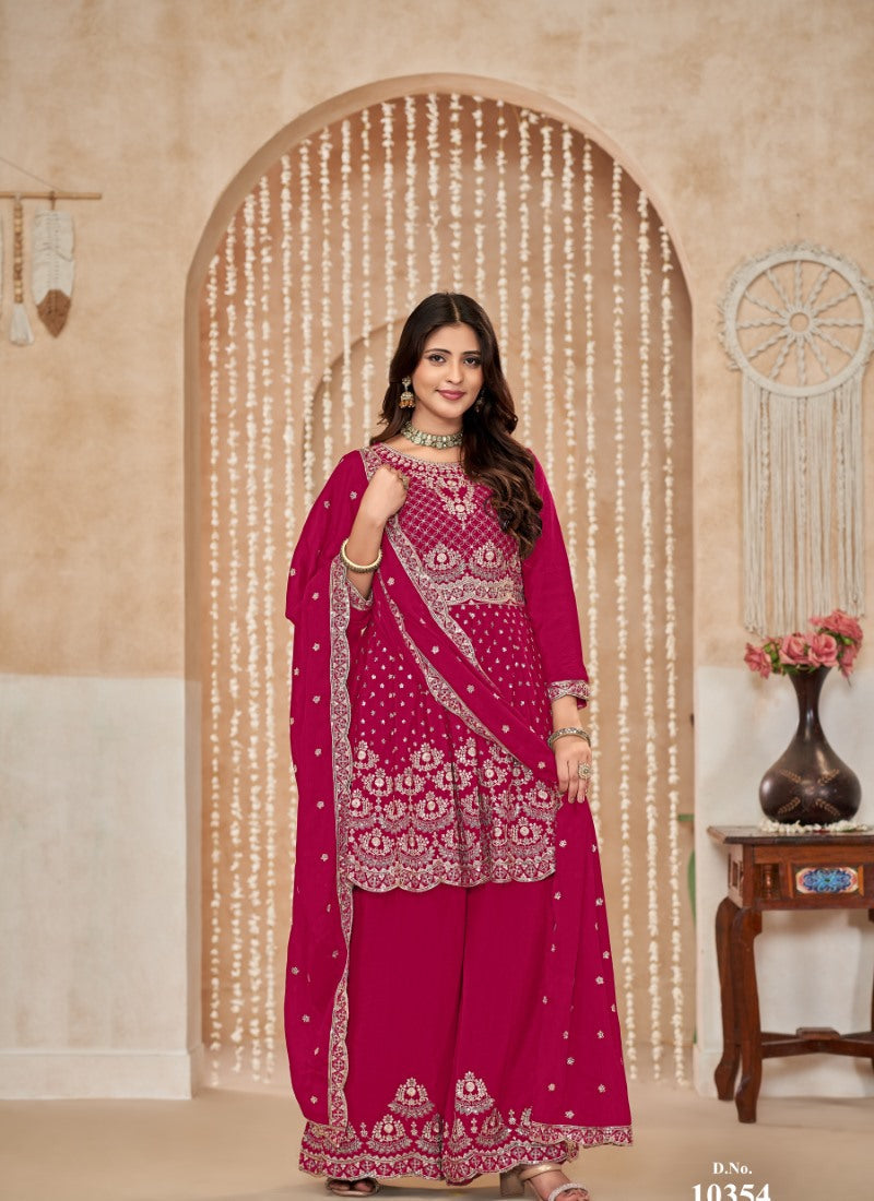 Magenta Palazzo Salwar Suit With Embroidery Work