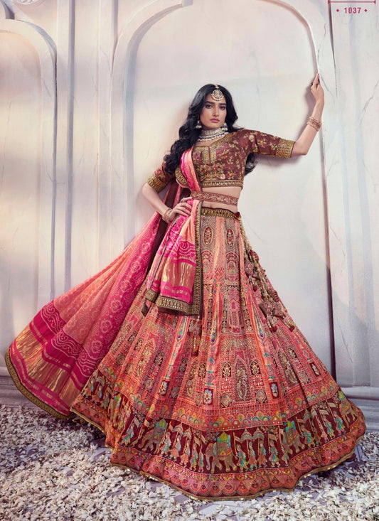 Pink and Green Silk Wedding Lehenga Choli With Heavy Embroidery and Gota Work