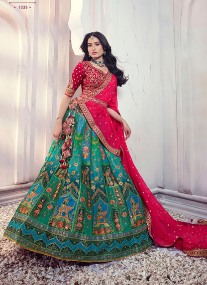 Teal Blue Silk Wedding Lehenga Choli With Heavy Embroidery and Gota Work