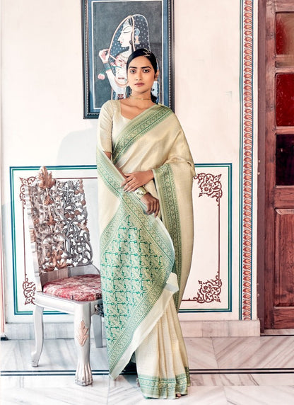 Off White Kanjivaram Silk Saree with Contrast Dark Border