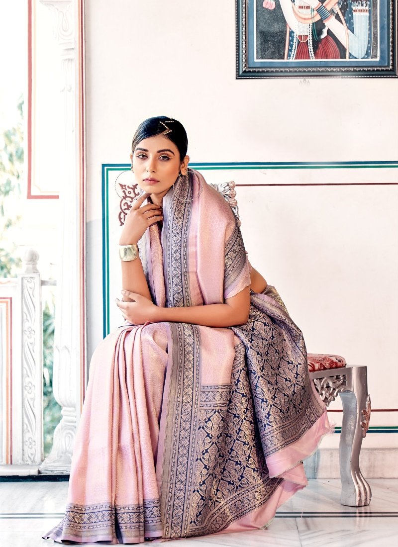 Pink Kanjivaram Silk Saree with Contrast Dark Border