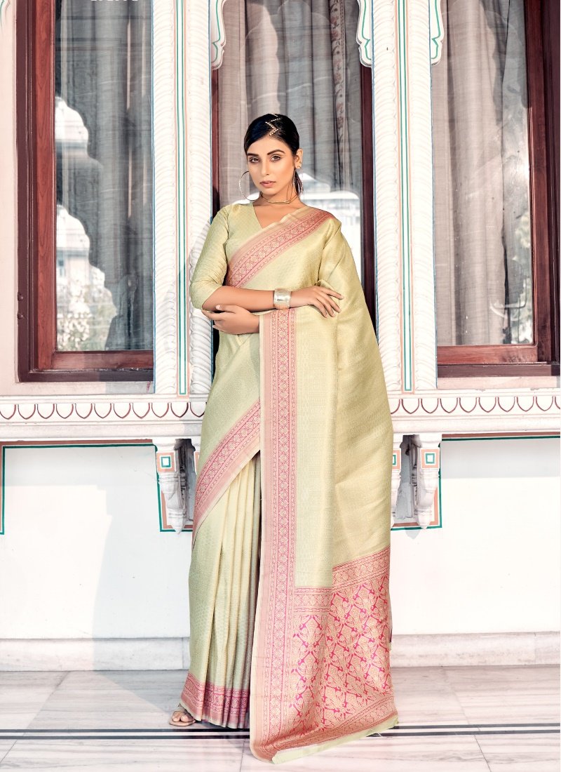 Pista Green Kanjivaram Silk Saree with Contrast Dark Border