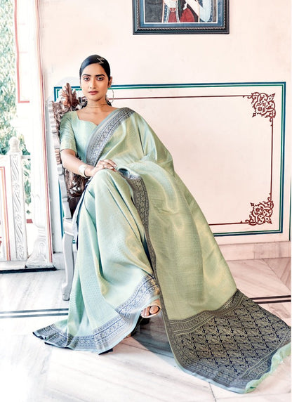 Green Kanjivaram Silk Saree with Contrast Dark Border