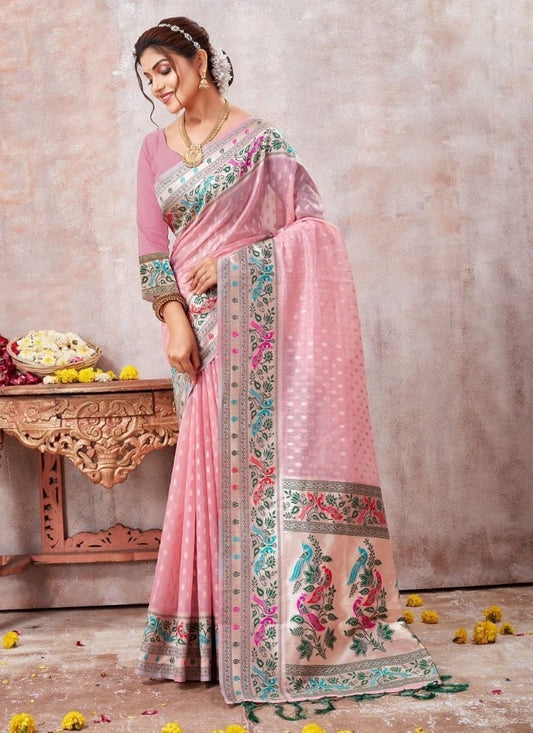 Pink Cotton Embroidered Saree