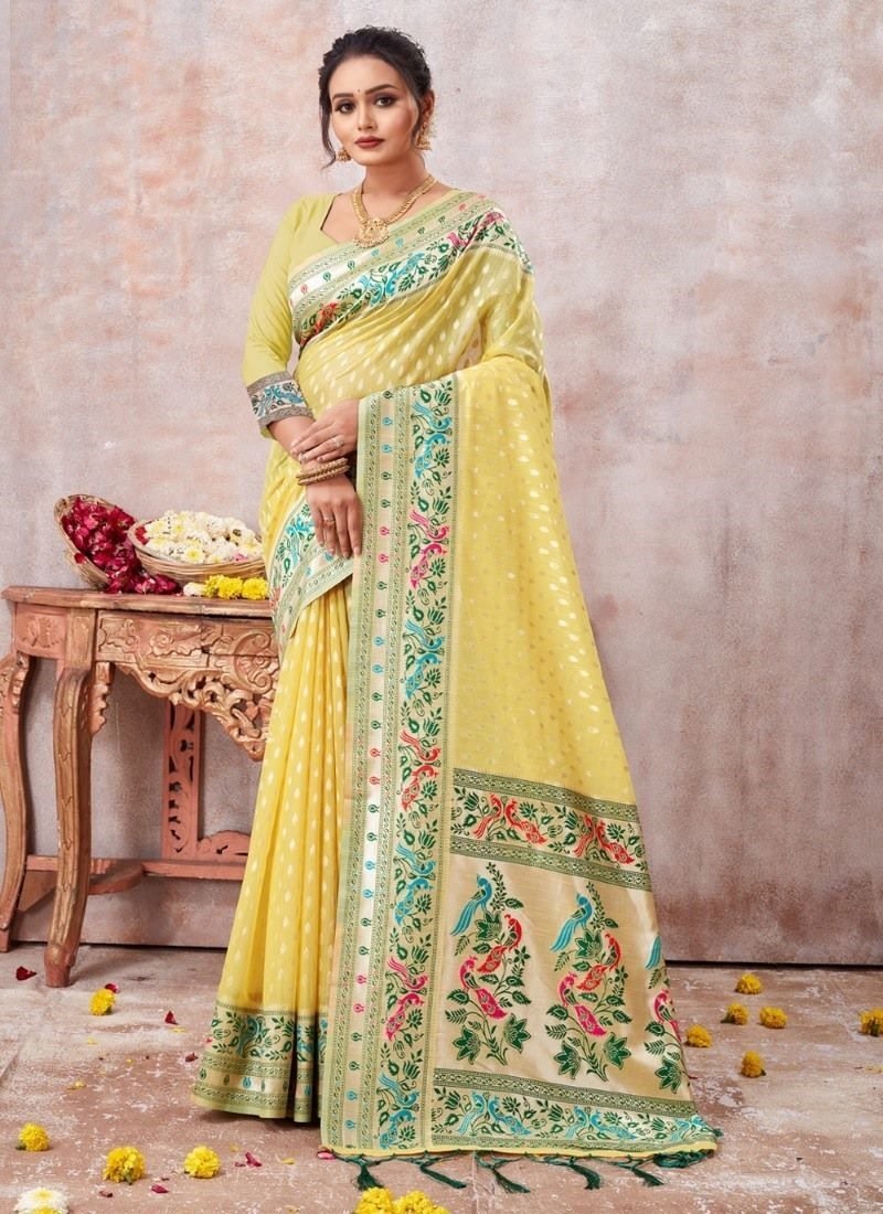 Yellow Cotton Embroidered Saree