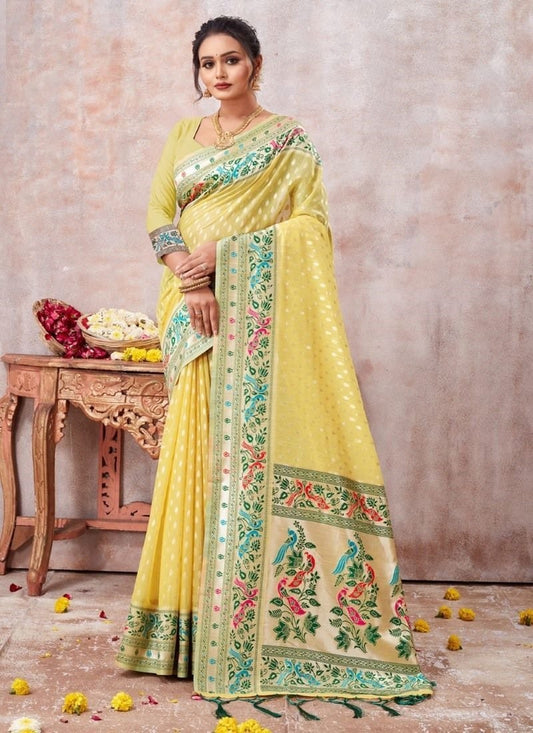 Yellow Cotton Embroidered Saree