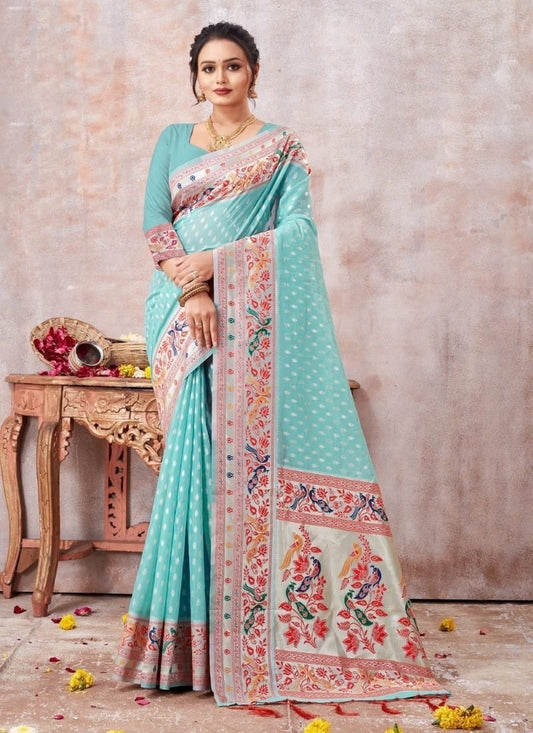 Sky Blue Cotton Embroidered Saree