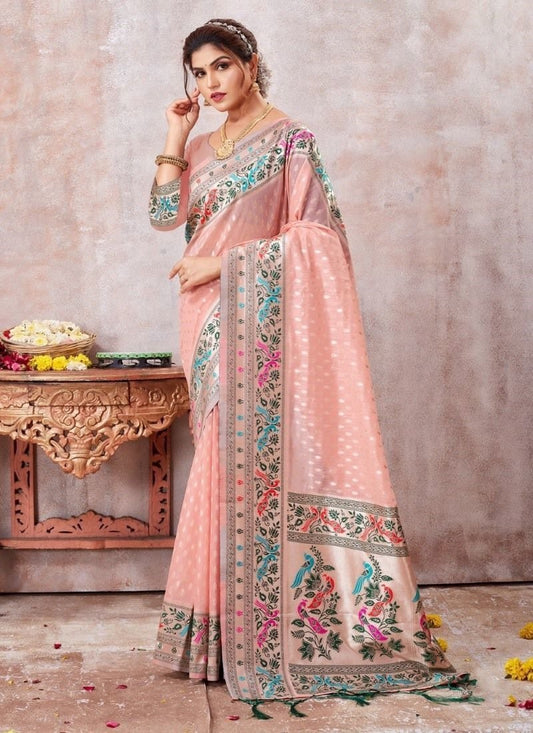 Peach Cotton Embroidered Saree