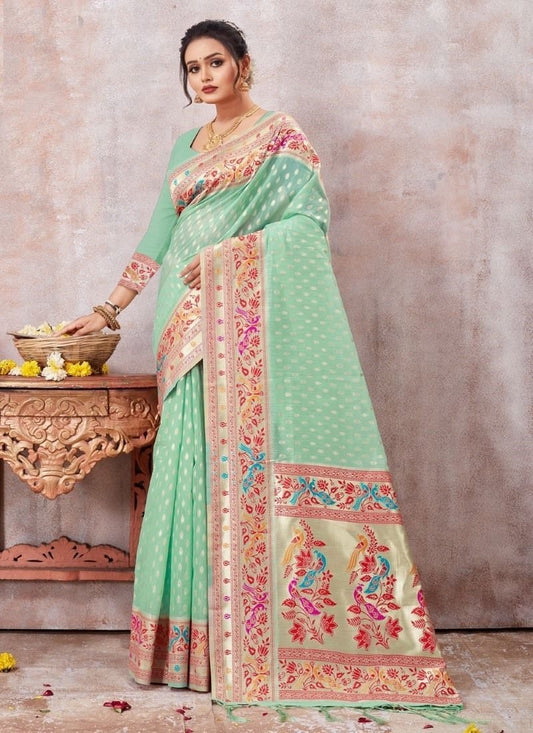 Sea Green Cotton Embroidered Saree