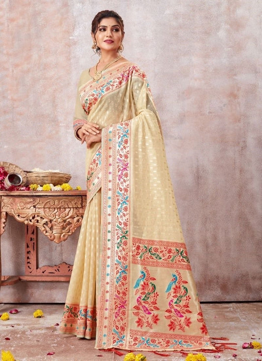 Beige Cotton Embroidered Saree