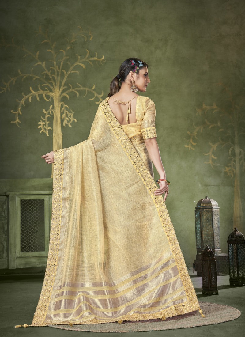 Yellow Banarasi Linen Saree With Heavy Lace Work