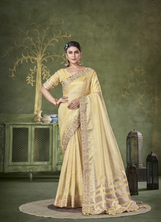 Yellow Banarasi Linen Saree With Heavy Lace Work