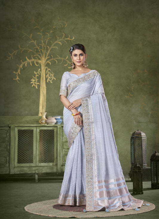 Sky Blue Banarasi Linen Saree With Heavy Lace Work