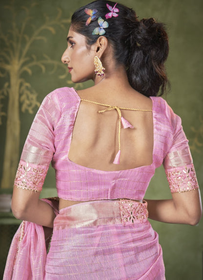 Pink Banarasi Linen Saree With Heavy Lace Work
