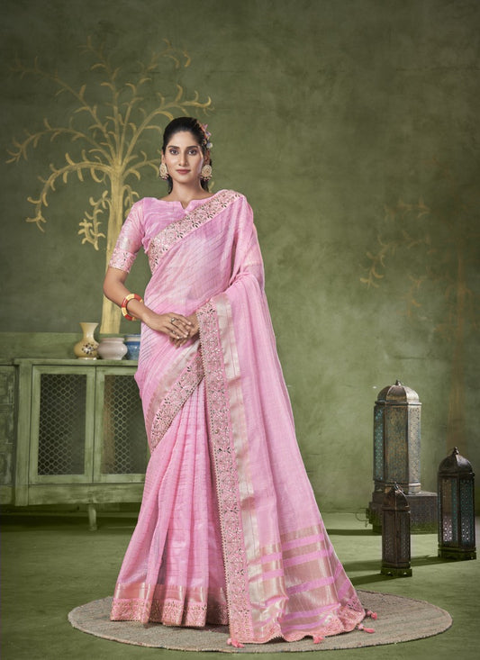 Pink Banarasi Linen Saree With Heavy Lace Work