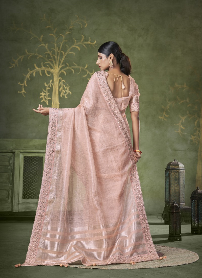 Peach Banarasi Linen Saree With Heavy Lace Work