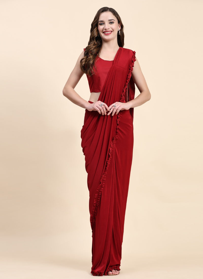 Red Net Party Wea Readymade Saree With Jacket-2