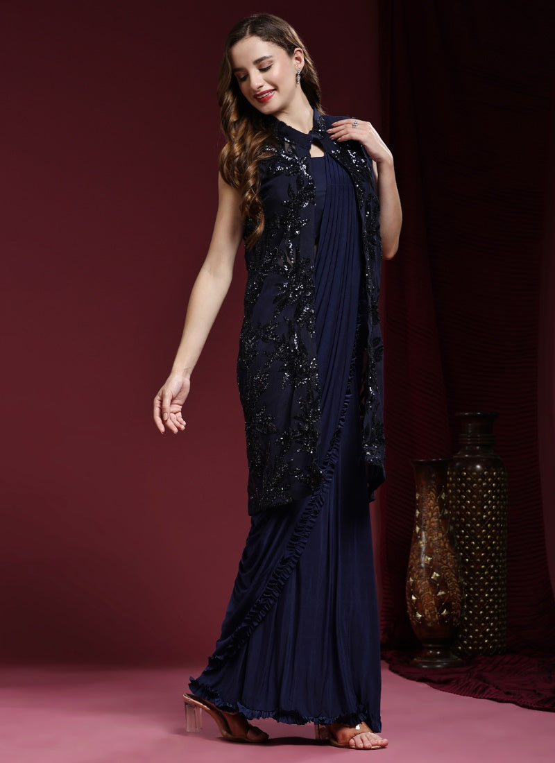 Navy Blue Net Party Wea Readymade Saree With Jacket-2