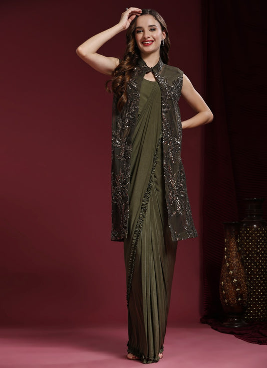 Olive Green Net Party Wea Readymade Saree With Jacket