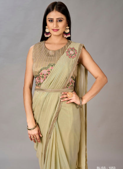 Pista Green Ready to Wear Designer Saree With Embroidered  and Sequins Work-2