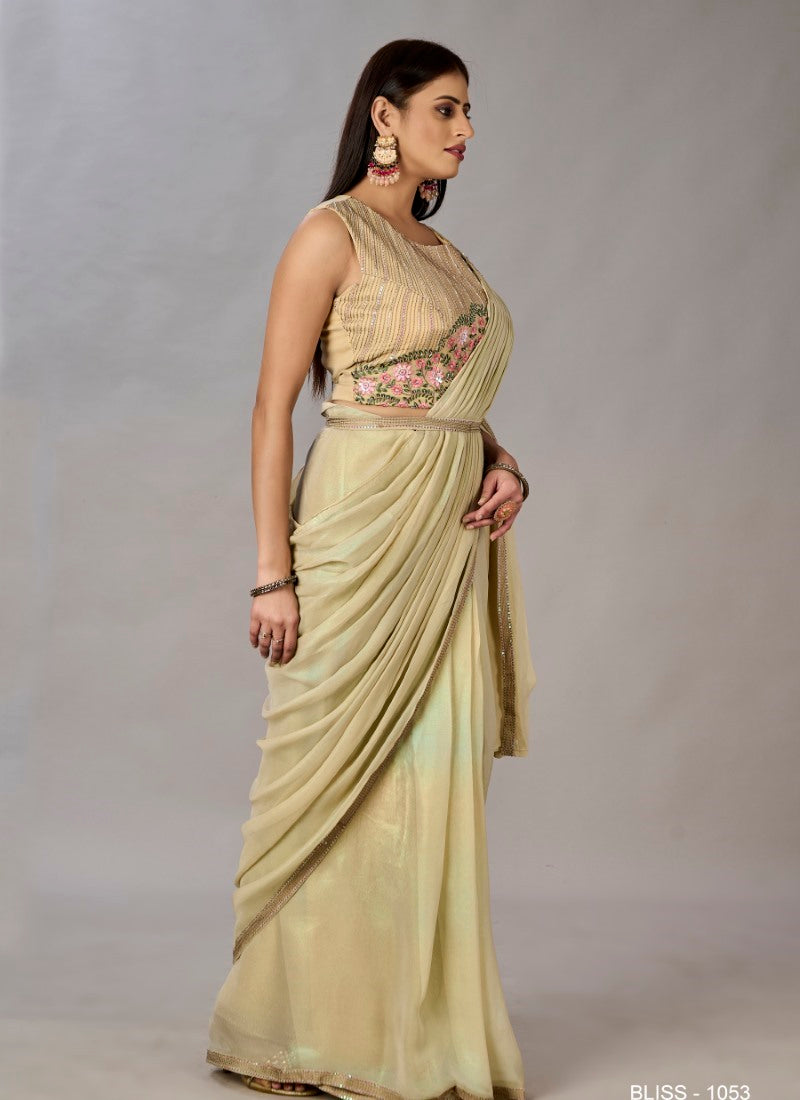 Pista Green Ready to Wear Designer Saree With Embroidered  and Sequins Work-2