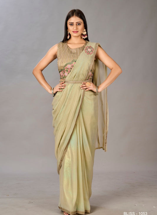 Pista Green Ready to Wear Designer Saree With Embroidered  and Sequins Work