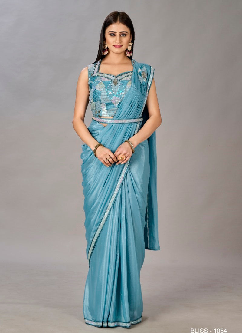 Blue Ready to Wear Designer Saree With Embroidered  and Sequins Work-2