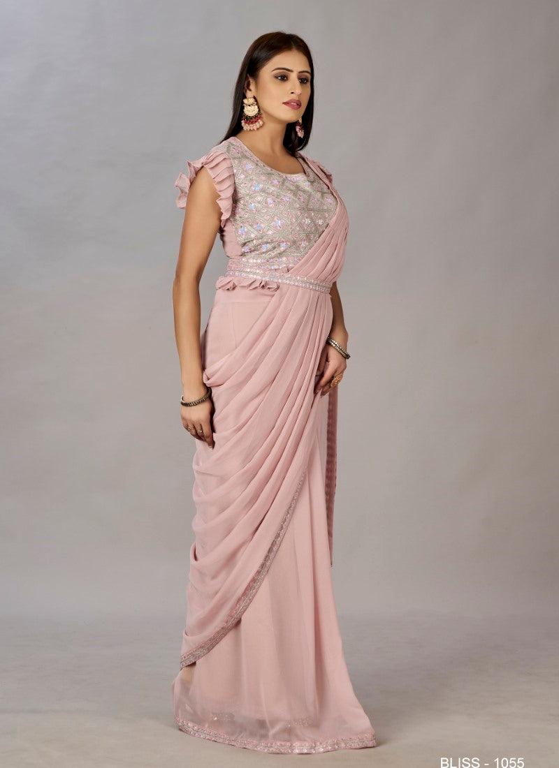 Pink Ready to Wear Designer Saree With Embroidered  and Sequins Work