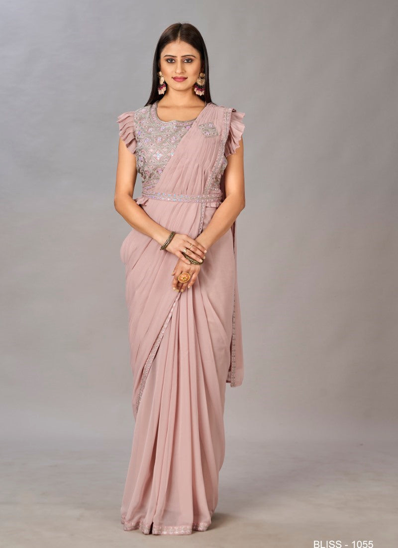 Pink Ready to Wear Designer Saree With Embroidered  and Sequins Work-2