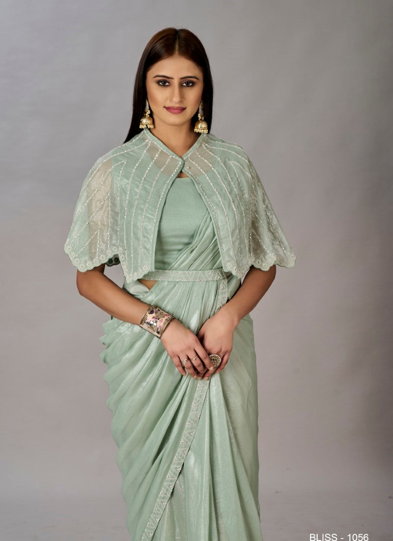 Pista Green Ready to Wear Designer Saree With Embroidered  and Sequins Work-2