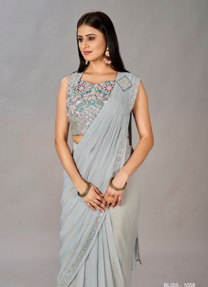 Gray Ready to Wear Designer Saree With Embroidered  and Sequins Work-2