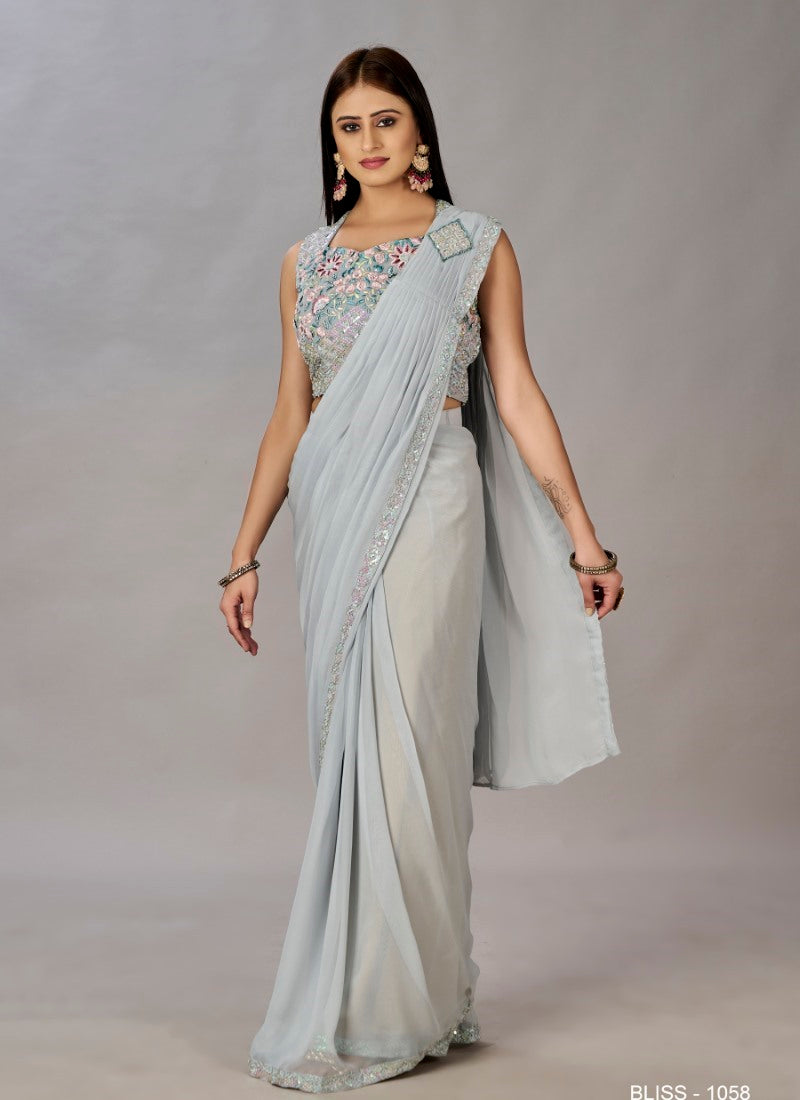 Gray Ready to Wear Designer Saree With Embroidered  and Sequins Work