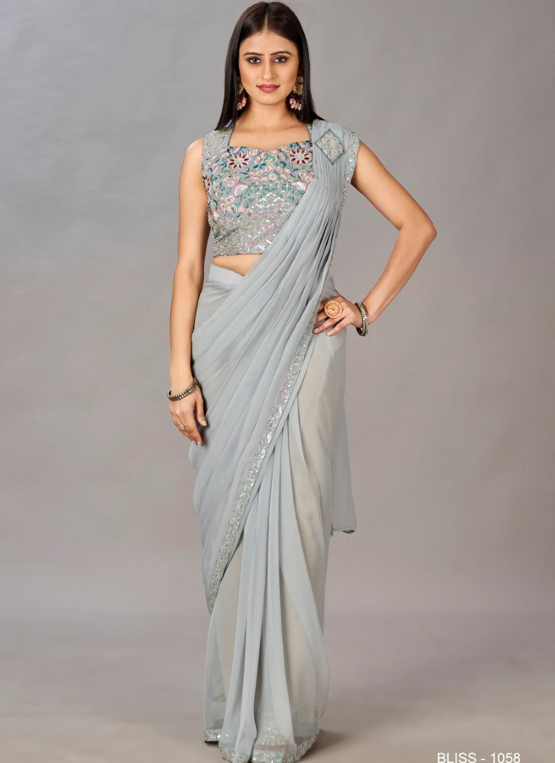 Gray Ready to Wear Designer Saree With Embroidered  and Sequins Work-2