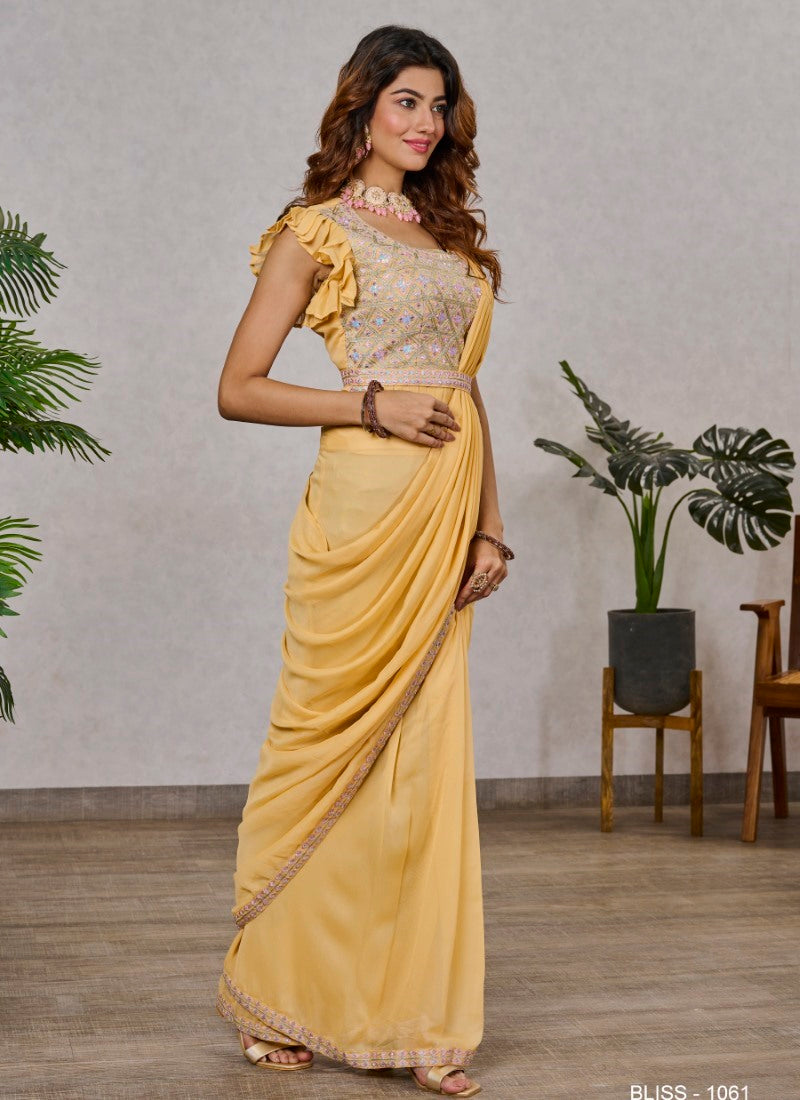 Yellow Ready to Wear Designer Saree With Embroidered  and Sequins Work