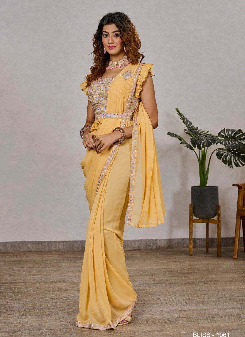 Yellow Ready to Wear Designer Saree With Embroidered  and Sequins Work-2