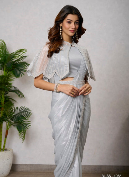 Sliver Ready to Wear Designer Saree With Embroidered  and Sequins Work-2