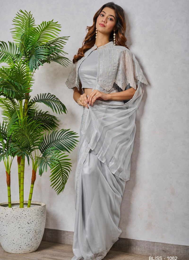 Sliver Ready to Wear Designer Saree With Embroidered  and Sequins Work