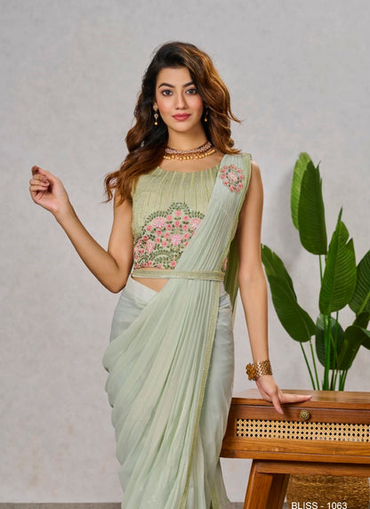 Light Green Ready to Wear Designer Saree With Embroidered  and Sequins Work-2