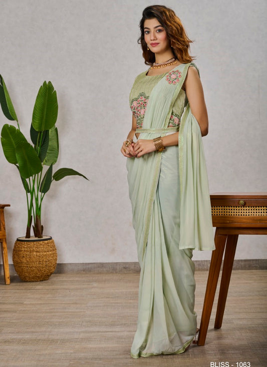 Light Green Ready to Wear Designer Saree With Embroidered  and Sequins Work